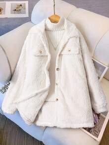 Sparklyn Girls' Solid Color Lapel Long Sleeve Cardigan With Fake Pocket Decor, Mid-Length Casual Loose Fuzzy Jacket - White - View 1