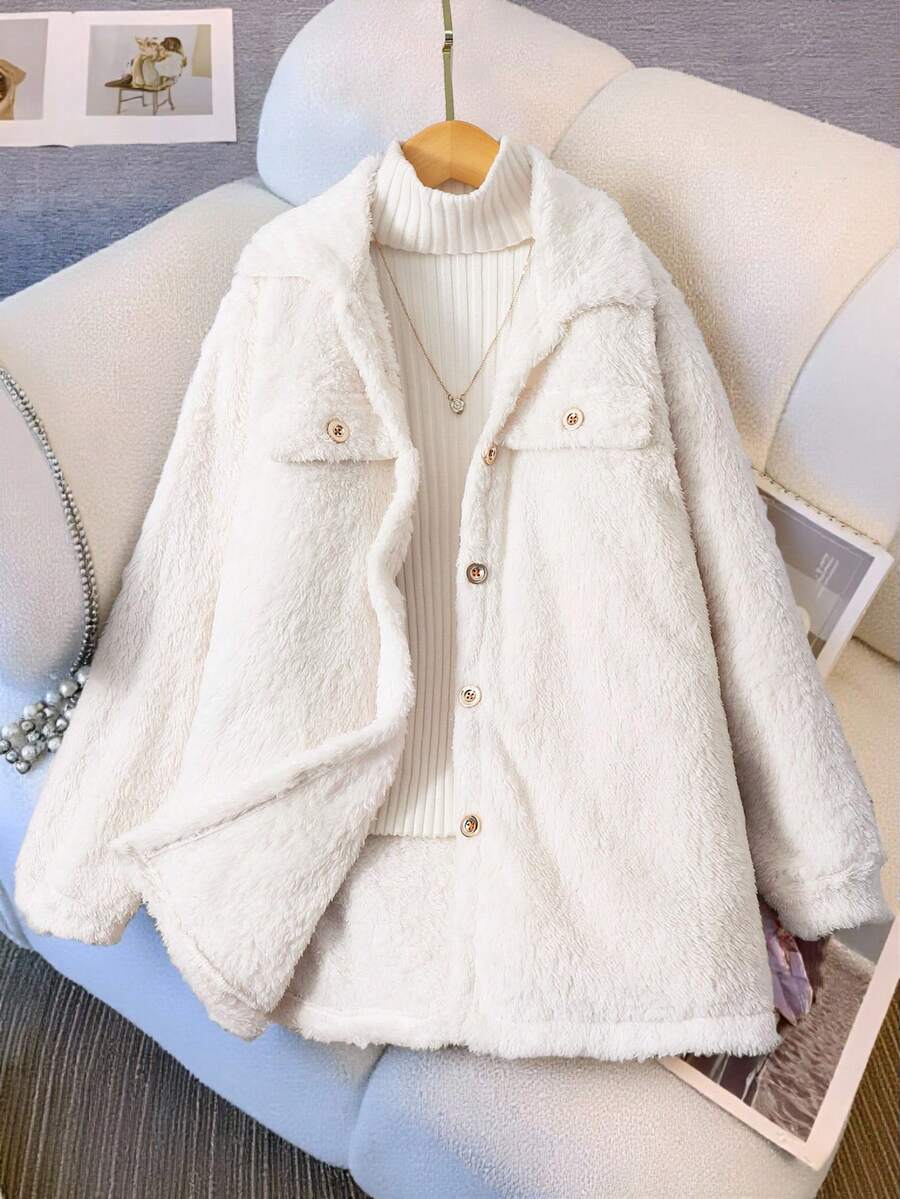 Sparklyn Girls' Solid Color Lapel Long Sleeve Cardigan With Fake Pocket Decor, Mid-Length Casual Loose Fuzzy Jacket - White - View 1