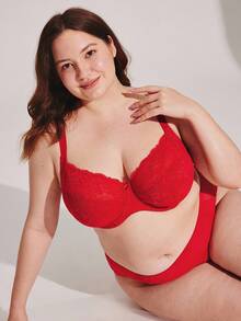 LUVLETTE Plus Christmas & New Years Full Coverage Support Breathable Underwire Red Mesh & Lace Elegance Bra Bridal Intimates - Red - View 7