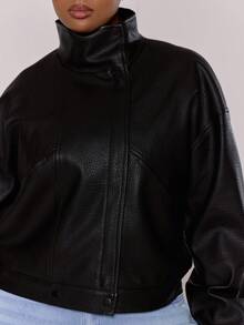 MUSERA 高领仿皮收腰落肩拉链夹克，秋冬日常休闲舒适可爱