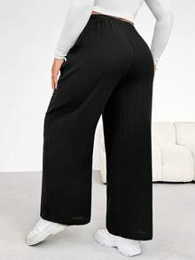 Shapeblank Pantalones casuales anchos de pierna ancha de algodón arrugado con cintura con cordón para mujeres de talla grande con forma de manzana, adecuados para vacaciones de invierno, pantalones negros, atuendos de aeropuerto, atuendo casual, pantalones de invierno para mujeres, atuendos de invierno para mujeres - Negro - Ver 2