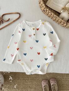 LMoss Kids LMoss Baby Girl Heart Print Button Design Soft Knit Bodysuit, Long Sleeve, Baby Girl Heart Outfit, Baby Girl Long Sleeve Bodysuit, - Multicolor - View 2