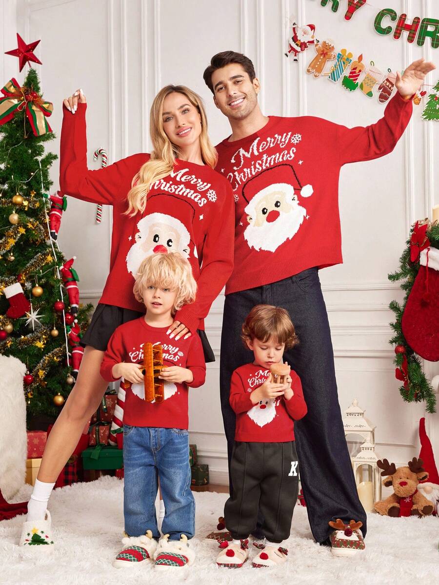 Manfinity RelaxMax 男士休闲圣诞图案毛衣，秋冬 - 紅色 - 查看 1