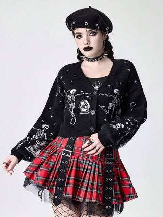 Gothic Stil Schädel Jacquard kurzer gestrickter Cardigan für Frauen, V-Ausschnitt Knopfleiste Cardigan, dunkler ästhetischer Cardigan für Halloween