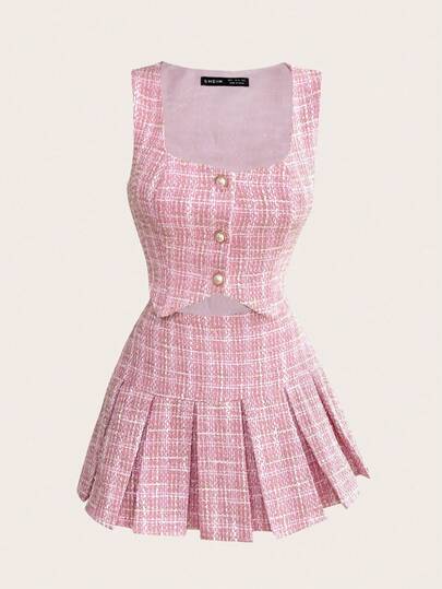 SHEIN MOD Women's Elegant Tweed Vest & Skirt 2 Pieces Set