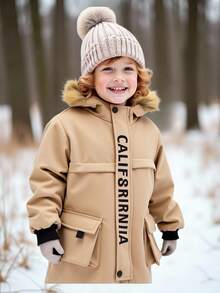 SHEIN 男童休闲舒适多功能保暖加厚连帽羽绒服，中长款冬季外套 - 杏色 - 查看 5