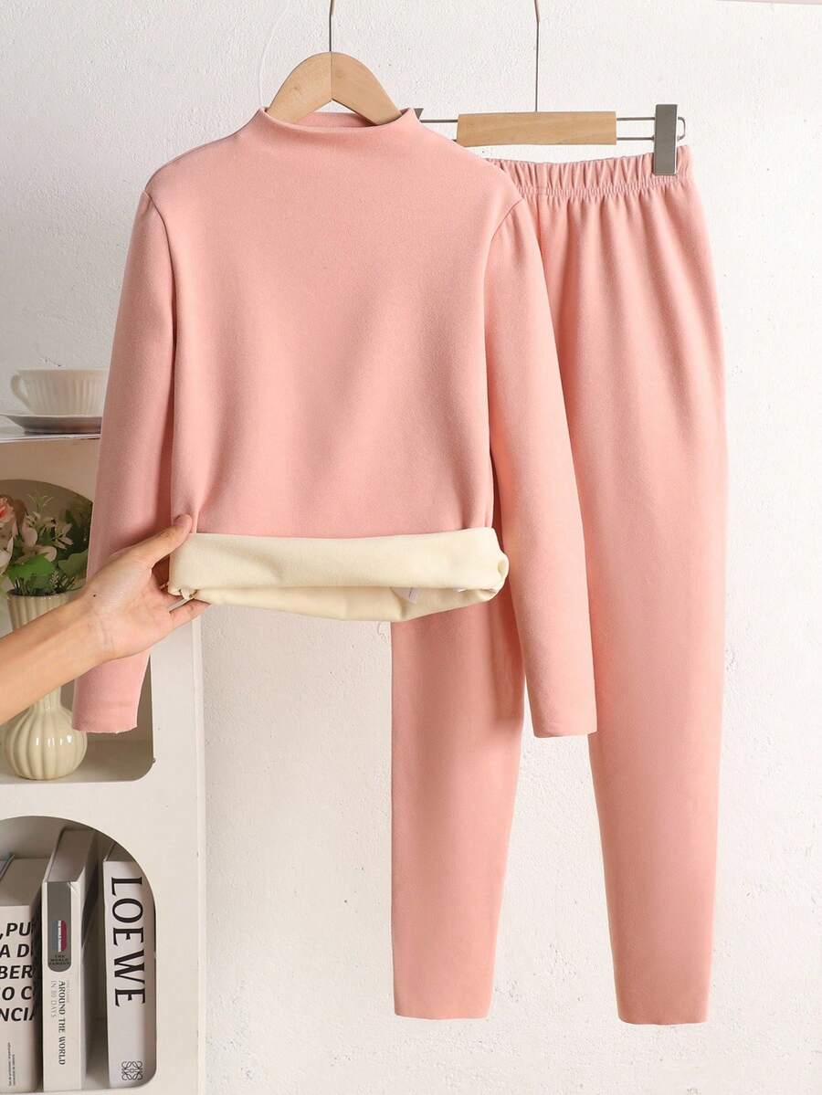 SHEIN 少女秋冬保暖加厚可爱卡通熊刺绣贴片高领长袖复合抓绒长袖T恤和裤子睡衣套装，粉色 - 淺粉色 - 查看 1