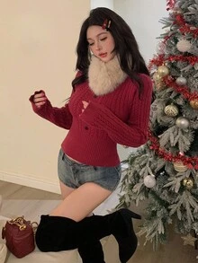DAZY Damen Slim Fit roter Strickpullover, lässiger Stil für Neujahr & Weihnachten, Mode - Rot - Übersicht 5