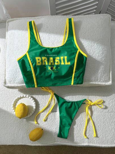 Swim Vcay Conjunto de bikini casual de vacaciones con estampado de letras de Brasil, primavera/verano
