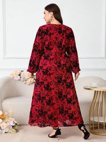 Modelyn Plus Size Women Floral Print V-Neck Lantern Sleeve Loose Elegant Dress