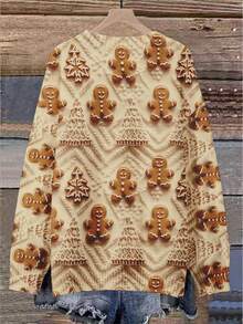 EMERY ROSE Plus Size Women's Christmas Gingerbread Man Knit Top - 3D Printed Mascot Graphic, Holiday Sweater - Apricot - View 2