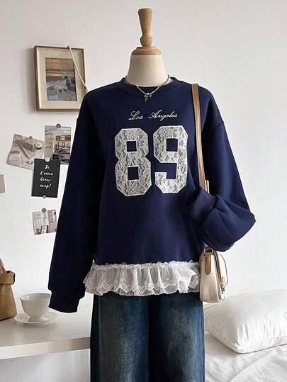Sweetra Young Teenage Girls' Sweatshirt, Fashion Casual Versatile, Navy Blue Long Sleeve With Lace Applique Embroidery On Chest, Ribbed Cuffs, Lace Hem, Suitable For Autumn/Winter Outings, Commuting, Travel, Can Be Paired With Sweatpants, Jeans, Jackets