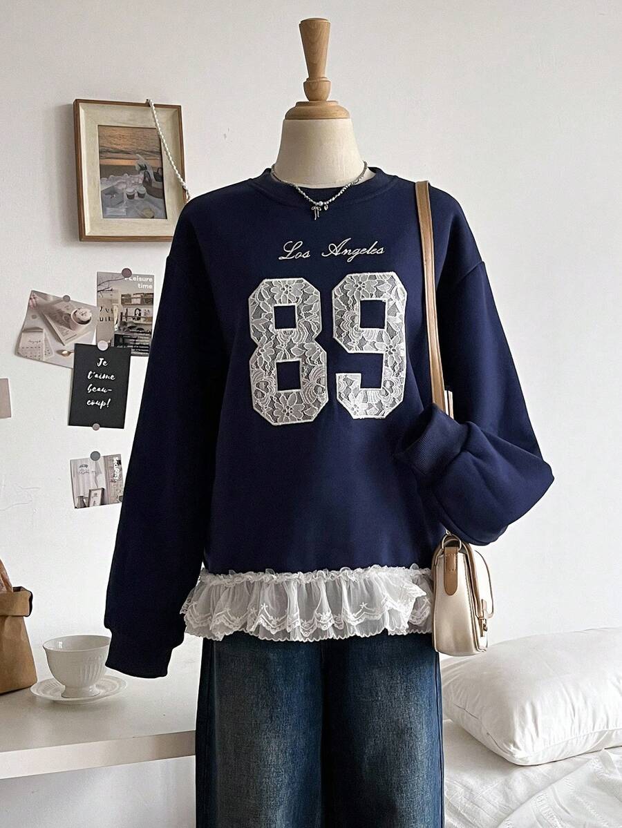 Sweetra Young Teenage Girls' Sweatshirt, Fashion Casual Versatile, Navy Blue Long Sleeve With Lace Applique Embroidery On Chest, Ribbed Cuffs, Lace Hem, Suitable For Autumn/Winter Outings, Commuting, Travel, Can Be Paired With Sweatpants, Jeans, Jackets
