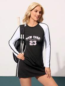 CourtClass Women's Letter Print Contrast Color Raglan Sleeve Sports Dress With Matching Shorts