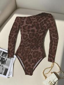 Franclia Women's Fashion Leopard Print Mesh Sheer Shoulder Long Sleeve Bodysuit Leopard Print Bodysuit - Coffee Brown - View 4