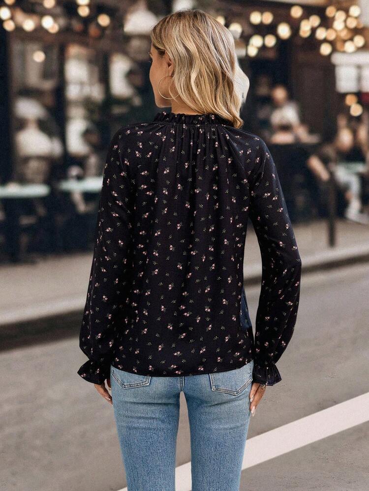 Lässige Bluse mit Blumenmuster und gekerbtem Ausschnitt für Damen, Herbstkleidung, Winterkleidung für Damen, lässige Blusen für Damen, Ausgeh-Oberteile, Ausgeh-Outfit