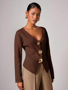 COSMINA Cardigan feminino elegante com botões de metal e decote em V, outono/inverno - Castanho Café - Ver 4