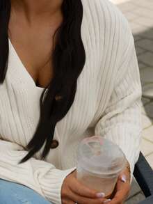 SAYEHFBABY Drop Shoulder Ribbed Knit Drop Shoulder Cardigan Fall Winter Cloth For Women - Apricot - View 4