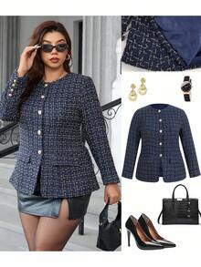 Ellevyn Plus Size Women Overcoat,Elegant Navy Blue Office Jacket With Pockets,Metal Buttons,Autumn Winter Modest Costumes For Work And Commute, - Navy Blue - View 1