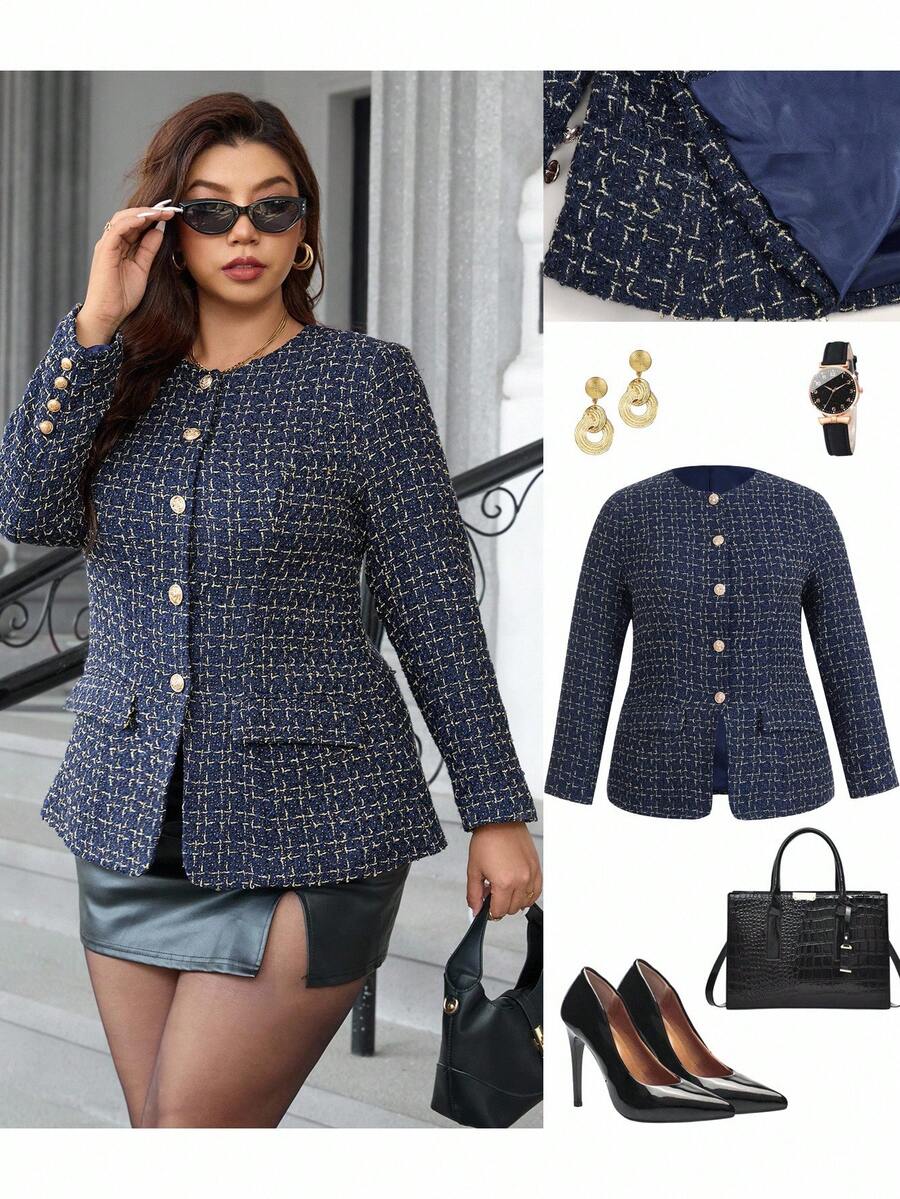 Ellevyn Plus Size Women Overcoat,Elegant Navy Blue Office Jacket With Pockets,Metal Buttons,Autumn Winter Modest Costumes For Work And Commute, - Navy Blue - View 1
