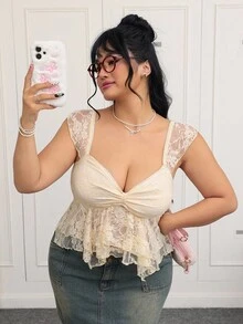 SHEIN EZwear Plus Size Summer Casual Front Twist Lace T-Shirt Lace Top Cream Lace Top Women Lace Tops,Going Out Tops Women - Yellow - View 4