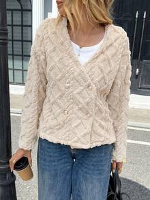 Chiquease Women's French V-Neck Gold Button Cardigan Sweater, Long Sleeve, Christmas - White - View 5