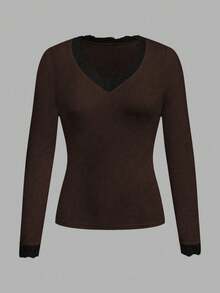 SHEIN EZwear 休闲深V领蕾丝边修身长袖T恤，适合秋冬季 - 棕色 - 查看 2
