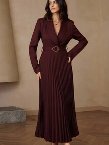 Aveloria Rosie Intellectual Elegant Commuter Style Mandarin Collar Pleated Hem Belted Long Sleeve Dress