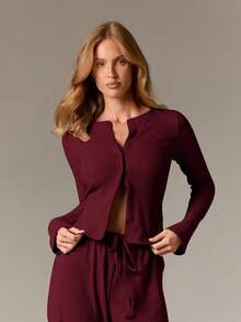AiiRZ Women Ribbed Knit Coordinated Set Button Up Cardigan Wide Leg Drawstring Pants Loungewear Fall Winter Relaxed Fit Modern Two Piece Outfit - Burgundy - View 4