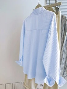 INAWLY 女式休闲条纹心形印花长袖衬衫，春夏 - 淺藍色 - 查看 2