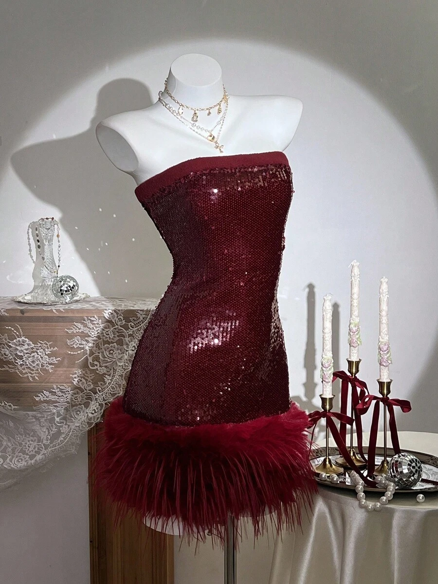 SHEIN Unity Sequin Embellished Strapless Faux Fur Bodycon Dress For Women - Red - View 1