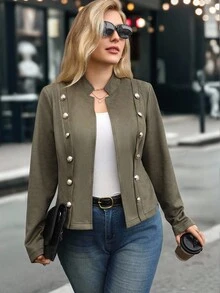 Juhart Plus Size Women's Double-Breasted Short Jacket, Faux Suede, Autumn/Winter - Green - View 7
