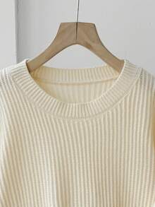 SHEIN 少女白色针织落肩长袖毛衣，休闲简约，冬季 - 米色 - 查看 5