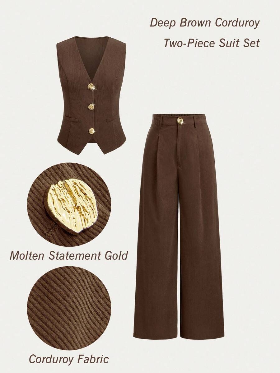 SHEIN Clasi Plus Size Women Corduroy Vest & Metal Buckle Casual Straight Leg Pants Set, Comfortable Daily Wear, Autumn/Winter - Coffee Brown - View 1