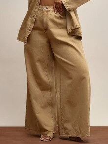 MUSERA Plus Size Washed Wide Leg Jeans , Winter, Everyday, Cute, Casual, Cozy, Galleries - Yellow - View 2