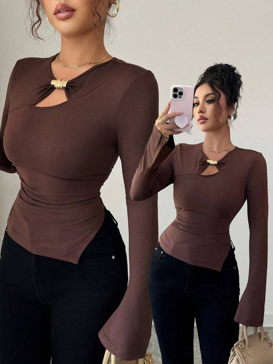 Elenzga Women's Asymmetrical Hollow Out Slim Fit Long Sleeve T-Shirt - Coffee Brown - View 1