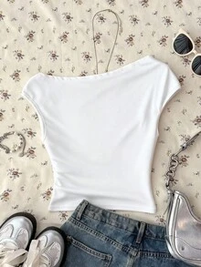 Teen Girls' White Knit Casual Minimalist Polka Dot Print Asymmetric Ruched Cropped Top, Suitable For Spring/Summer, Casual, Personalized Styling, Daily Wear Autumn Outfits , Easy Comfort Tops Suitable For Autumn/Winter Daily Wear,Street Style, Home Shirts For Teen Girl Off The Shoulder T Shirt Cute White Tops - White - View 2