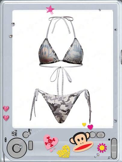 Paul Frank X ROMWE Women Camo Monkey Print Wireless Bra & Panty Set