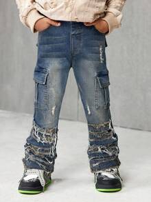 SHEIN 年轻男孩时尚复古设计做旧复古水洗撕破毛边拼接高弹力修身蓝色牛仔裤，带工装口袋，休闲百搭，适合儿童秋冬户外服装 - 中等水洗藍 - 查看 5