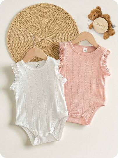 2pcs/Set Newborn Baby Girls' Cute Solid Color Ruffle Edge Romper Outfit, Summer