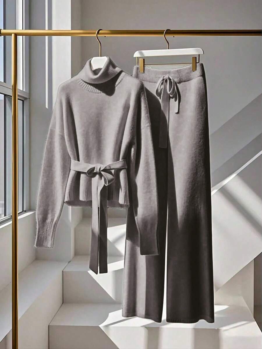 Franclia 2件套女士高端优雅针织毛衣，白色，秋冬 - 摩卡棕 - 查看 1