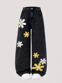 SHEIN ChillGRL Tween Girl New Fashion Snow Wash Distressed Embroidered Wide Leg Jeans Full For 11 To 12 Year Old With Plant Pants With Butterflies And Flowers Sunflower Girls 70s - Black - View 3