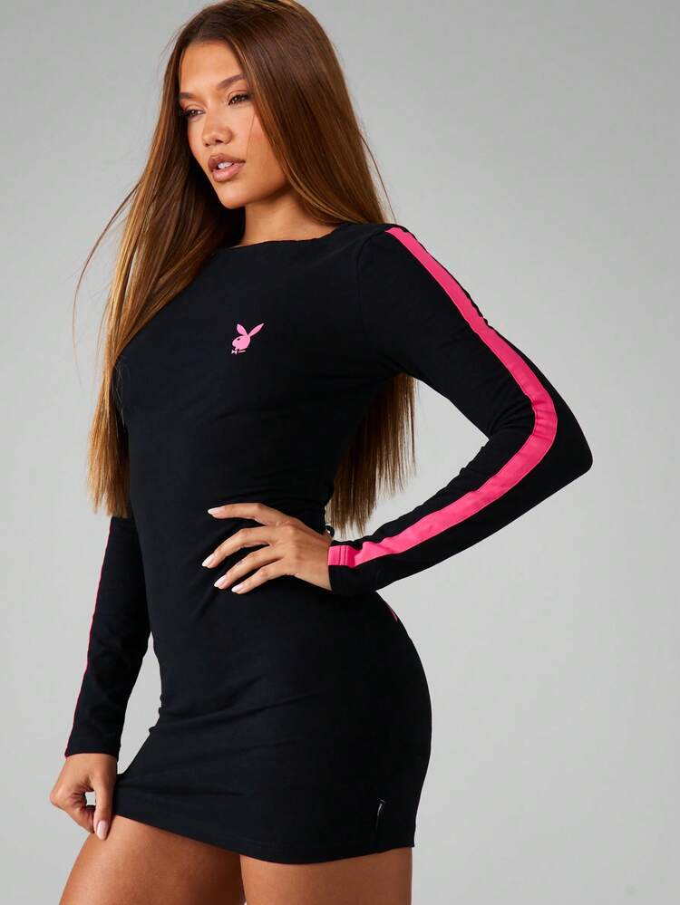 Missguided x Playboy ロゴとサイドストライプ付きロングスリーブボディコンミニドレス