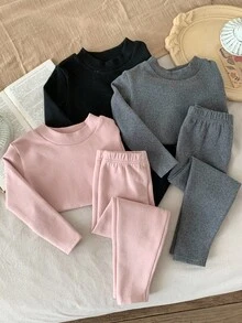 SHEIN Bộ 6 món/Bộ áo dài tay dệt kim màu trơn họa tiết hoạt hình dễ thương thường ngày và quần dài cho bé gái - Nhiều màu - Xem 5