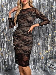 SHEIN Clasi 女式圆领长袖蕾丝腰修身紧身黑色优雅中长连衣裙，适合日常穿着、派对、度假、秋冬 - 黑色 - 查看 3