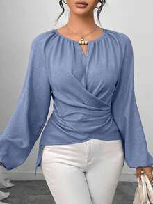 Elenzga 女式串珠裹身式束腰衬衫，秋冬 - 霧霾藍 - 查看 7