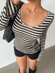 Aloruh 女士条纹印花V领休闲时尚长袖T恤，适合秋季返校、锐舞派对、乡村音乐会、伊比沙岛、纳什维尔等场合，西部风格，Y2K潮流辣妹风。 - 黑色 - 查看 6