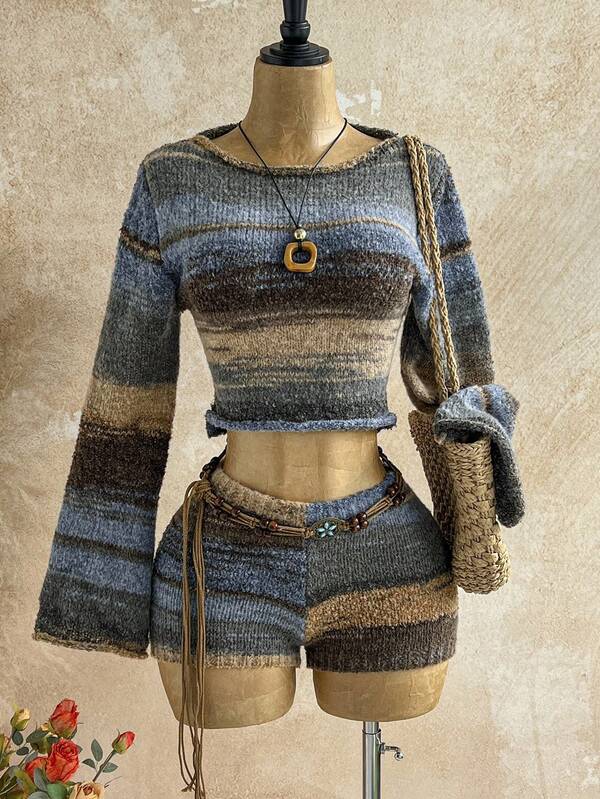 Soleia Women's Long Sleeve Flare Sleeve Cropped Sweater And Low Waist Shorts 2 Pieces Set, Suitable For Party, Christmas, Date, Nightclub, Beach, Cruise, Afternoon Tea, Bohemian, Boho, Vacation Knit Two Pieces Set Sweater Set Striped Two Pieces Set Fuzzy Two Pieces Set In Fall/Winter