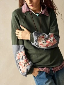 Bohemela Áo nỉ dệt kim chắp vá cổ tròn dáng rộng thoải mái dành cho nữ mùa thu đông - màu xanh lá - Xem 2