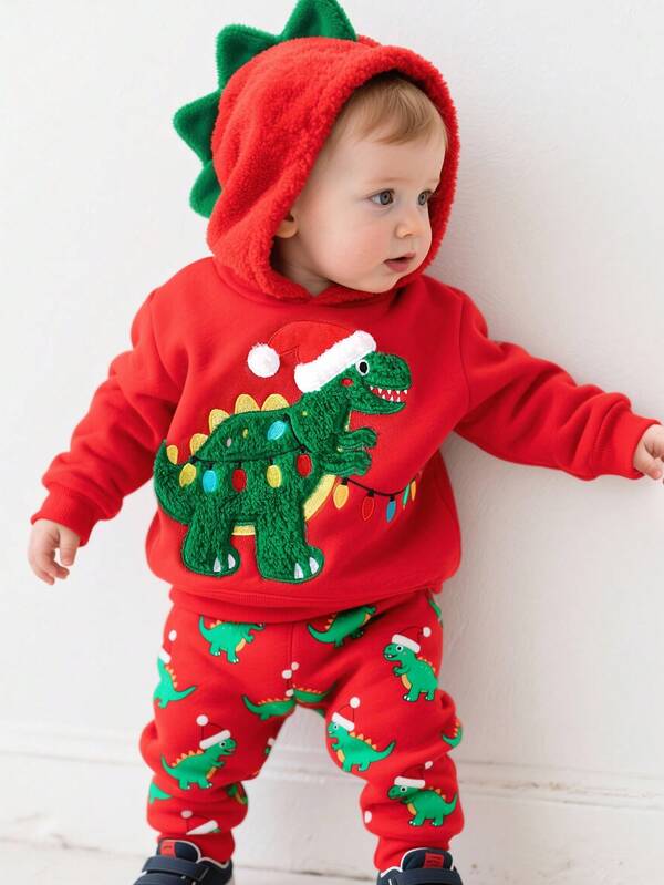 SHEIN Playful Pals Toddler Boys' Christmas Dinosaur Hooded Sweatshirt & Pants Set, Plush Hat, Holiday Outfit